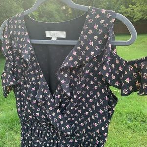 LOFT Cold Shoulder Dress Ruffled Collar Detail to hem w/ Crossover Elastic Waist